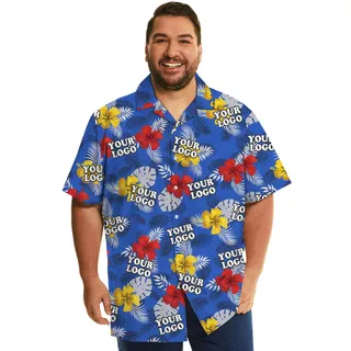 Custom Logo Blue Floral Hawaiian Shirt Big And Tall