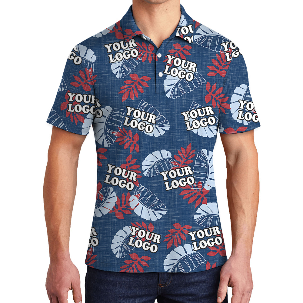 Custom Logo Navy Floral Hawaiian Polo Shirt - variant image 1