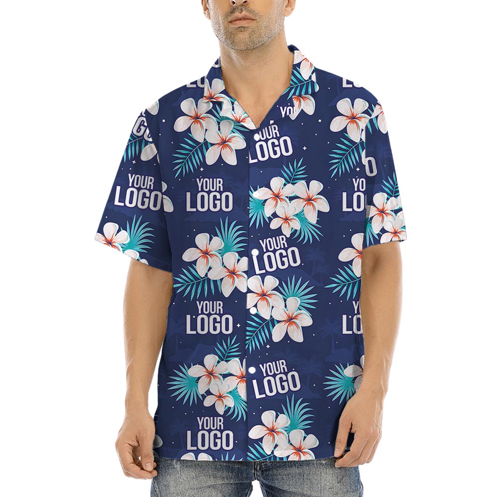 Custom Logo Navy Floral Hawaiian Shirt Matching For Company