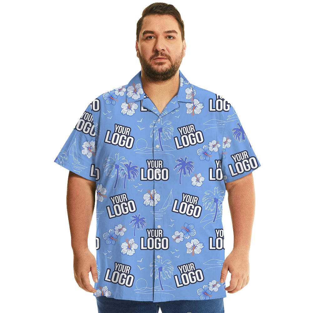 Custom Blue Aloha Shirt With Hibiscus For Company