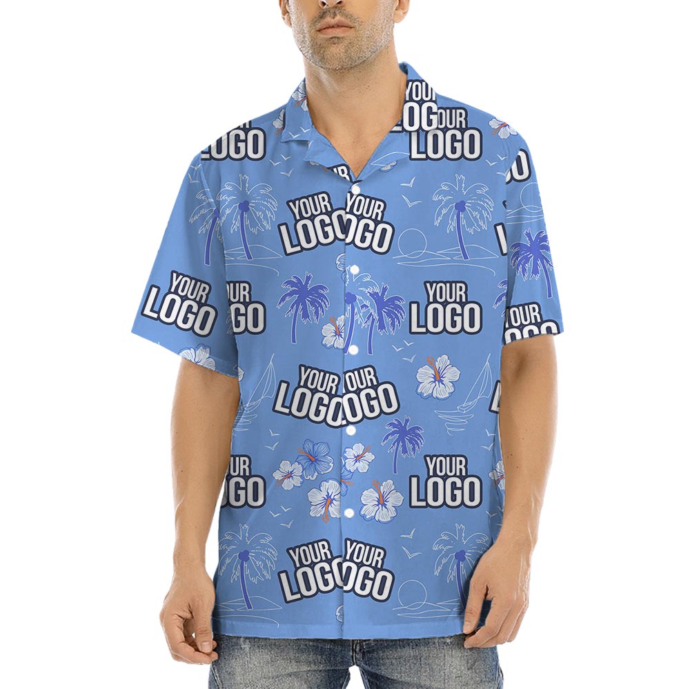 Custom Blue Aloha Shirt With Hibiscus For Company