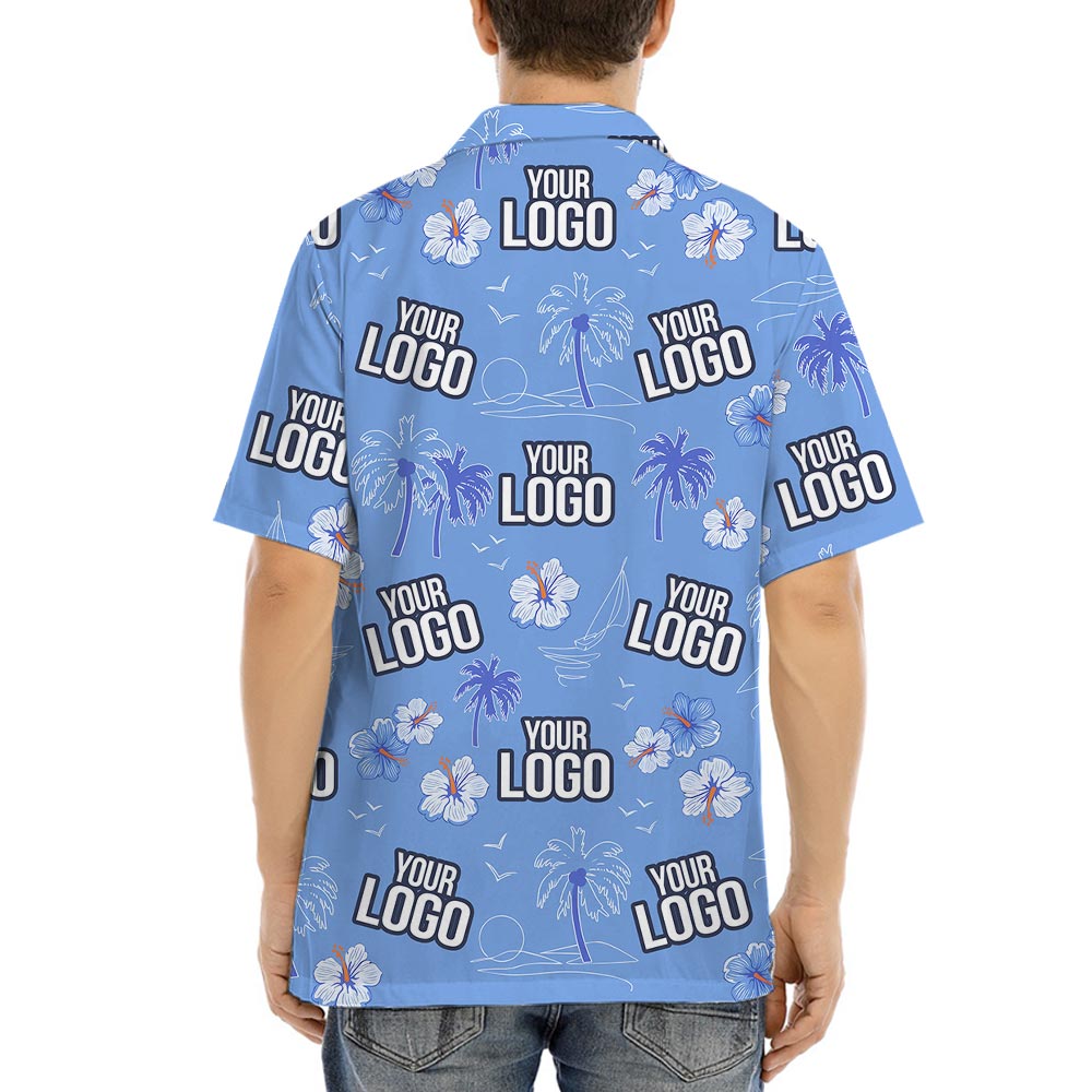 Custom Blue Aloha Shirt With Hibiscus For Company