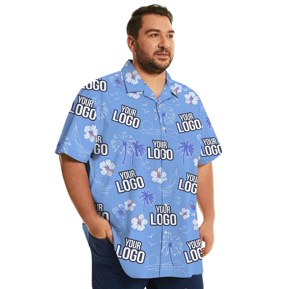 Custom Blue Aloha Shirt With Hibiscus For Company