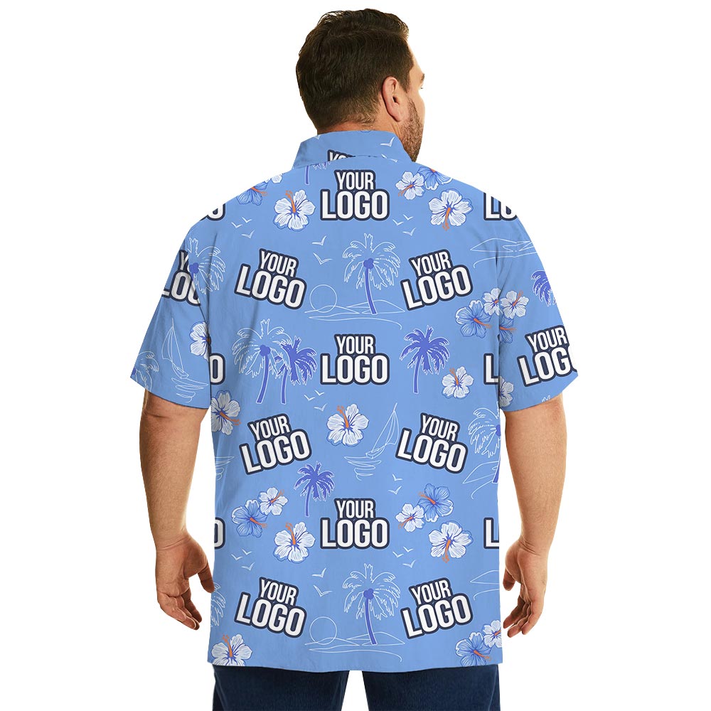 Custom Blue Aloha Shirt With Hibiscus For Company