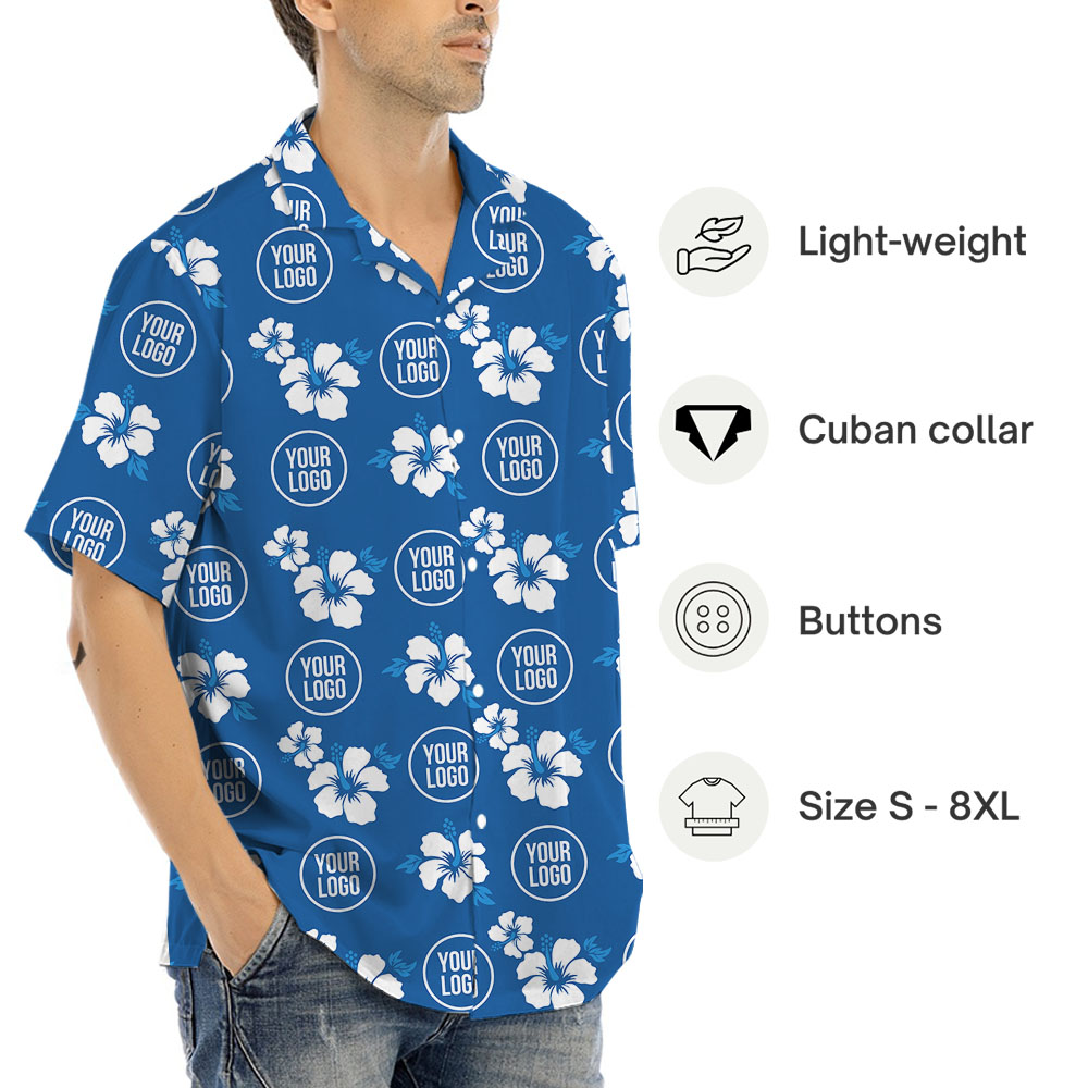 Custom Logo Blue Hawaiian Shirt With Hibiscus Print