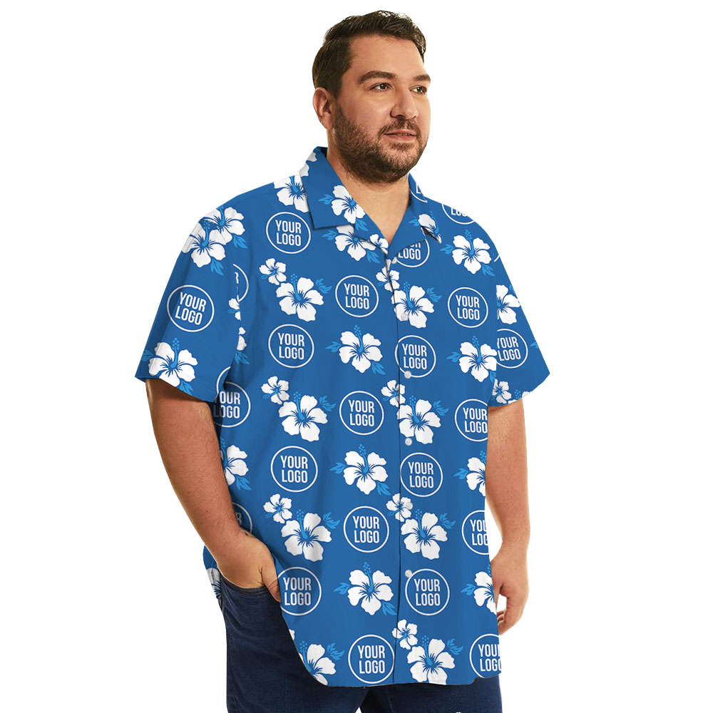 Custom Logo Blue Hawaiian Shirt With Hibiscus Print