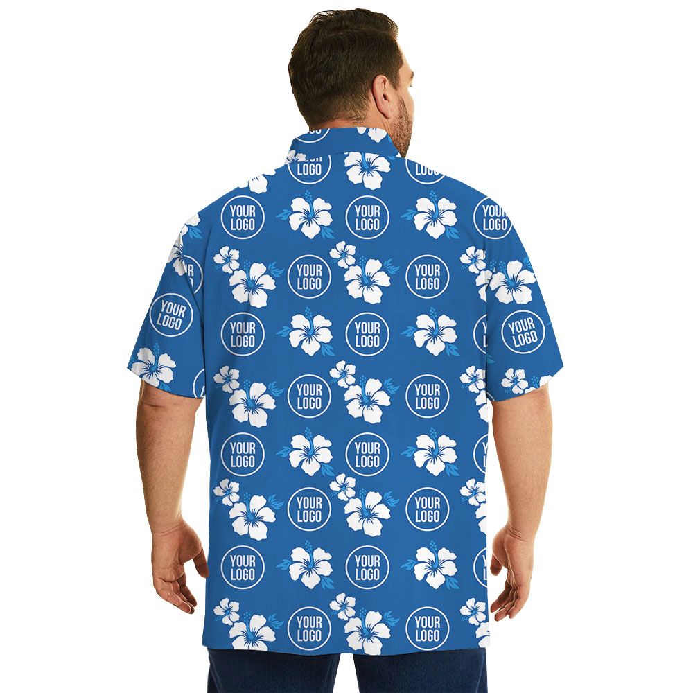 Custom Logo Blue Hawaiian Shirt With Hibiscus Print
