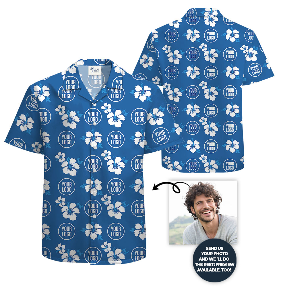Custom Logo Blue Hawaiian Shirt With Hibiscus Print