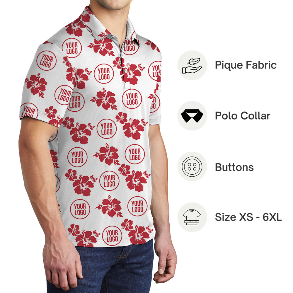 Vintage Hibiscus White Polo Shirt With Multiple Logo On Them