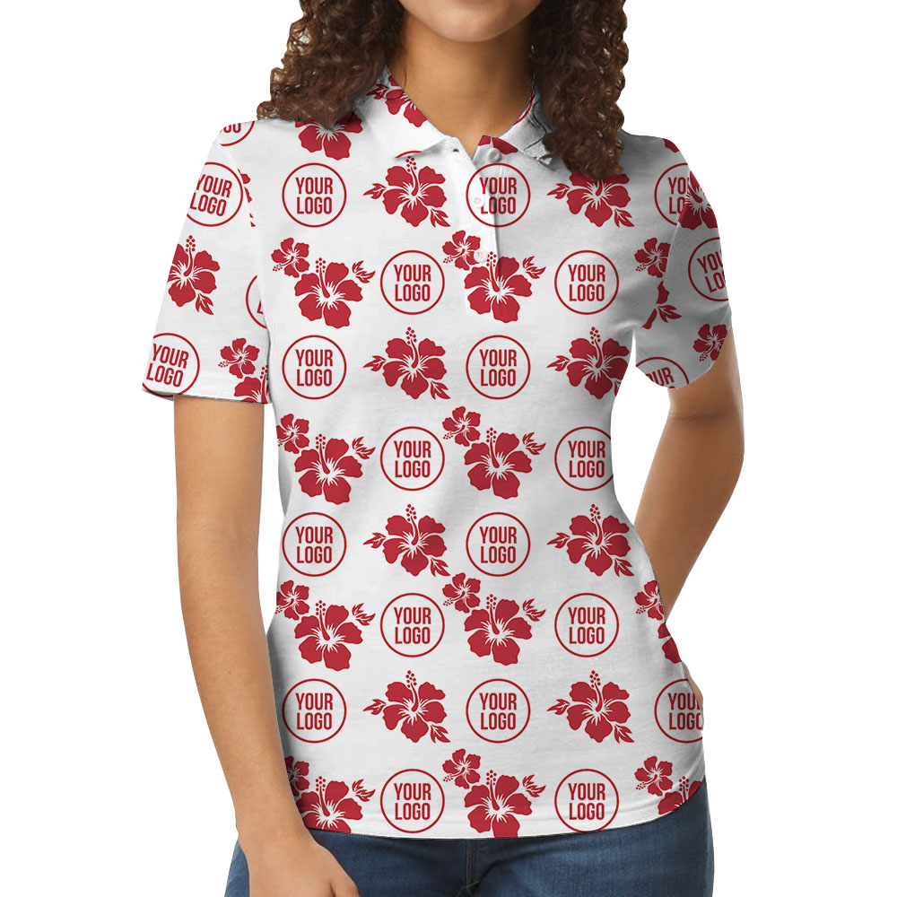 Vintage Hibiscus White Polo Shirt With Multiple Logo On Them