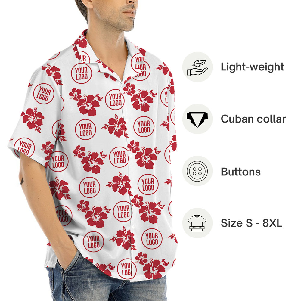 White And Red Hibiscus Button Up Shirt With Custom Logo
