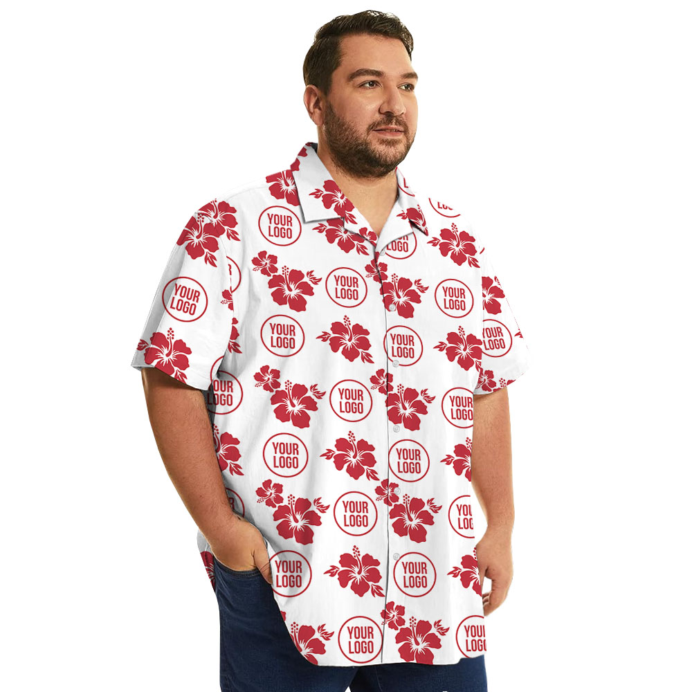 White And Red Hibiscus Button Up Shirt With Custom Logo