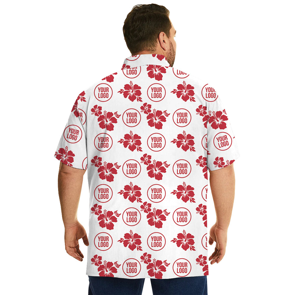 White And Red Hibiscus Button Up Shirt With Custom Logo