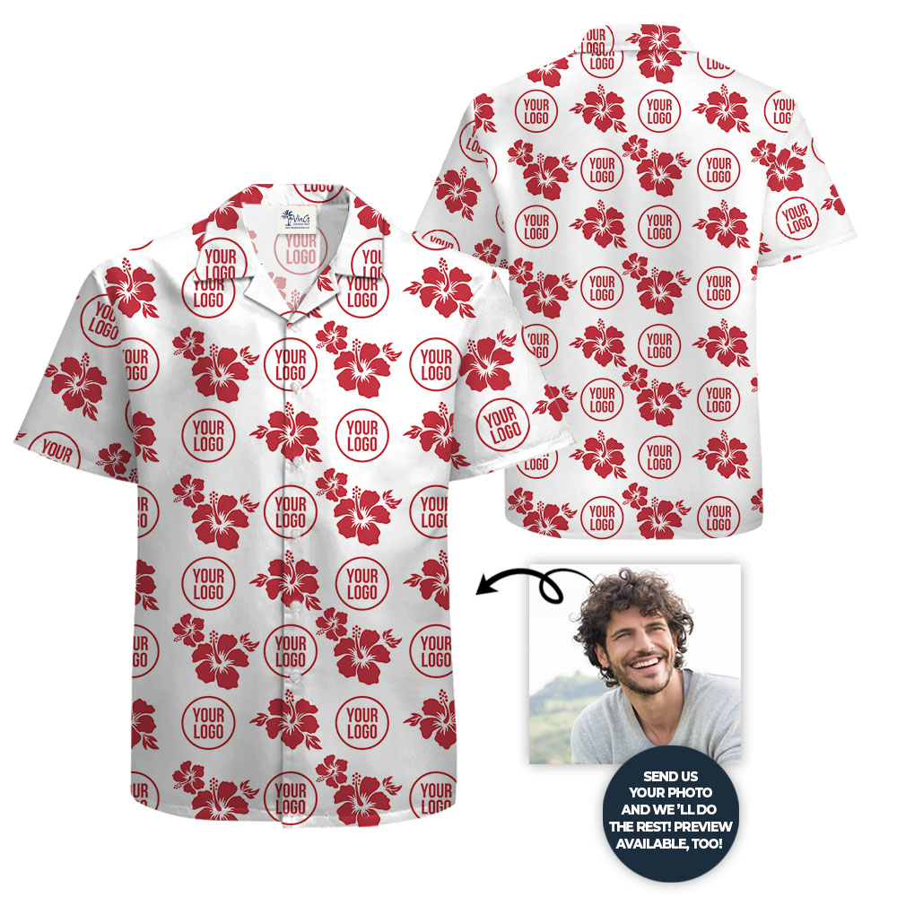 White And Red Hibiscus Button Up Shirt With Custom Logo