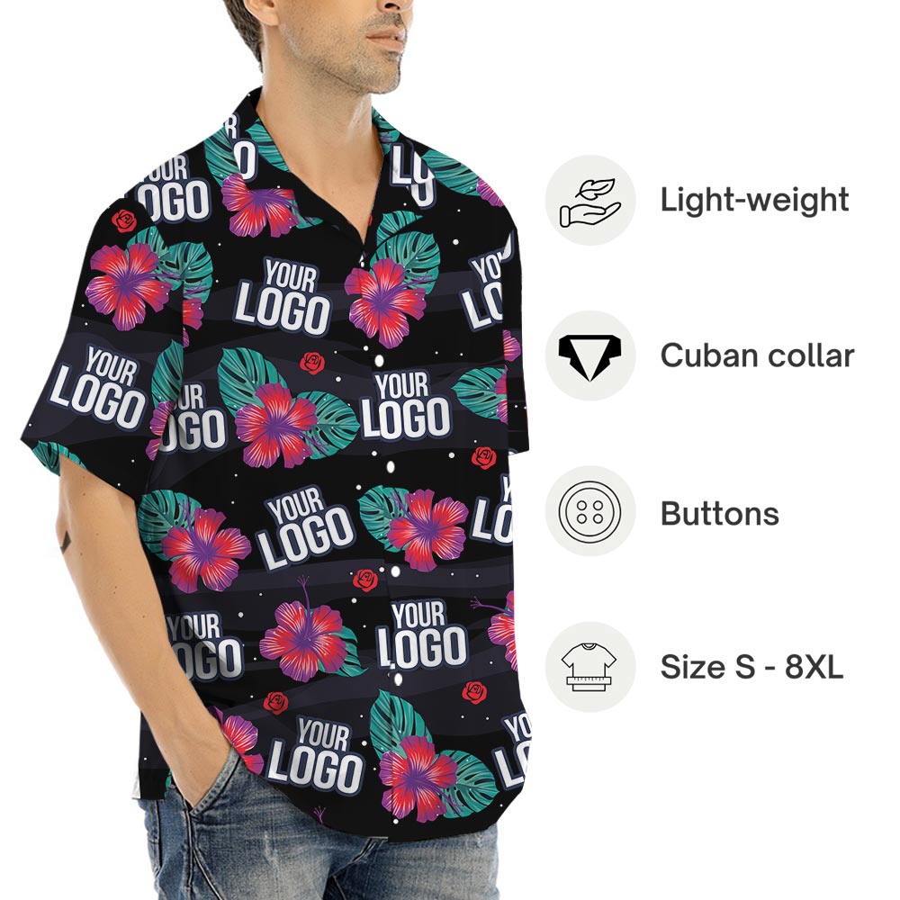 Company Custom Logo Black Hawaiian Shirt Pink Hibiscus