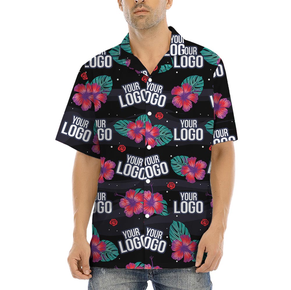 Company Custom Logo Black Hawaiian Shirt Pink Hibiscus