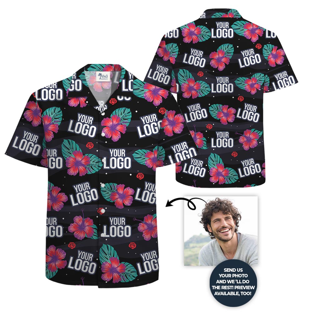Company Custom Logo Black Hawaiian Shirt Pink Hibiscus
