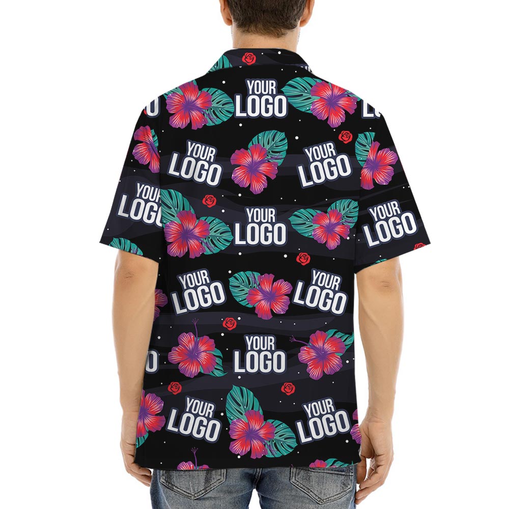 Company Custom Logo Black Hawaiian Shirt Pink Hibiscus