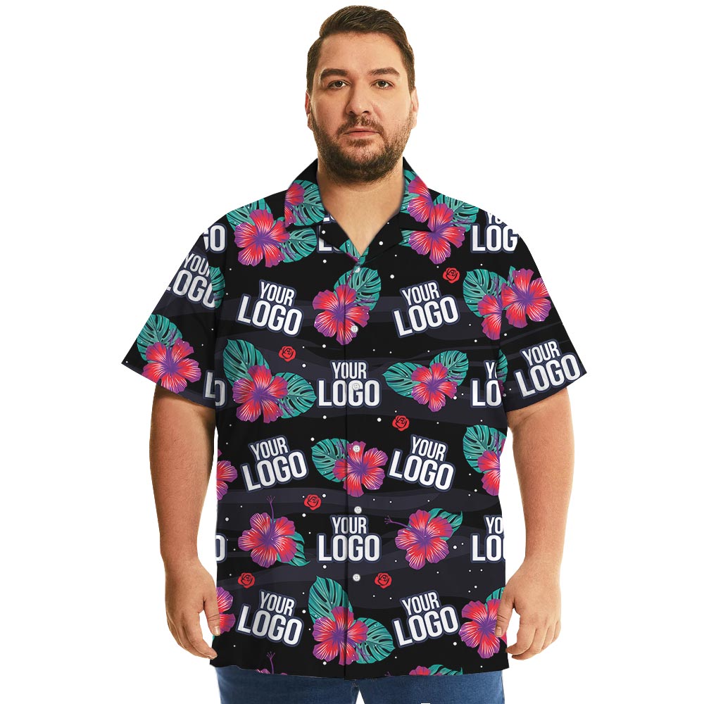 Company Custom Logo Black Hawaiian Shirt Pink Hibiscus
