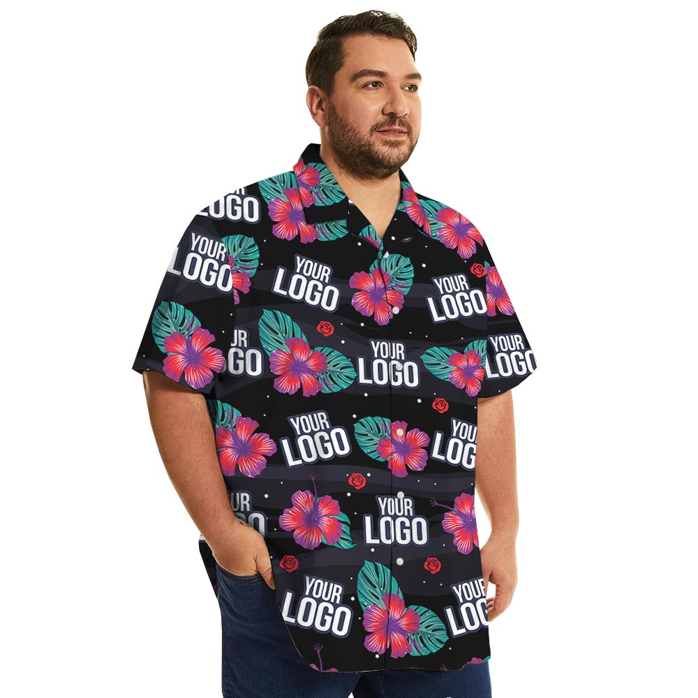 Company Custom Logo Black Hawaiian Shirt Pink Hibiscus