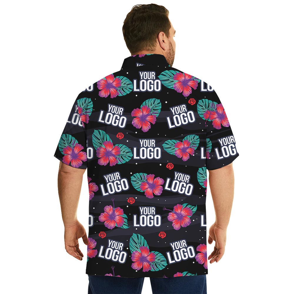Company Custom Logo Black Hawaiian Shirt Pink Hibiscus