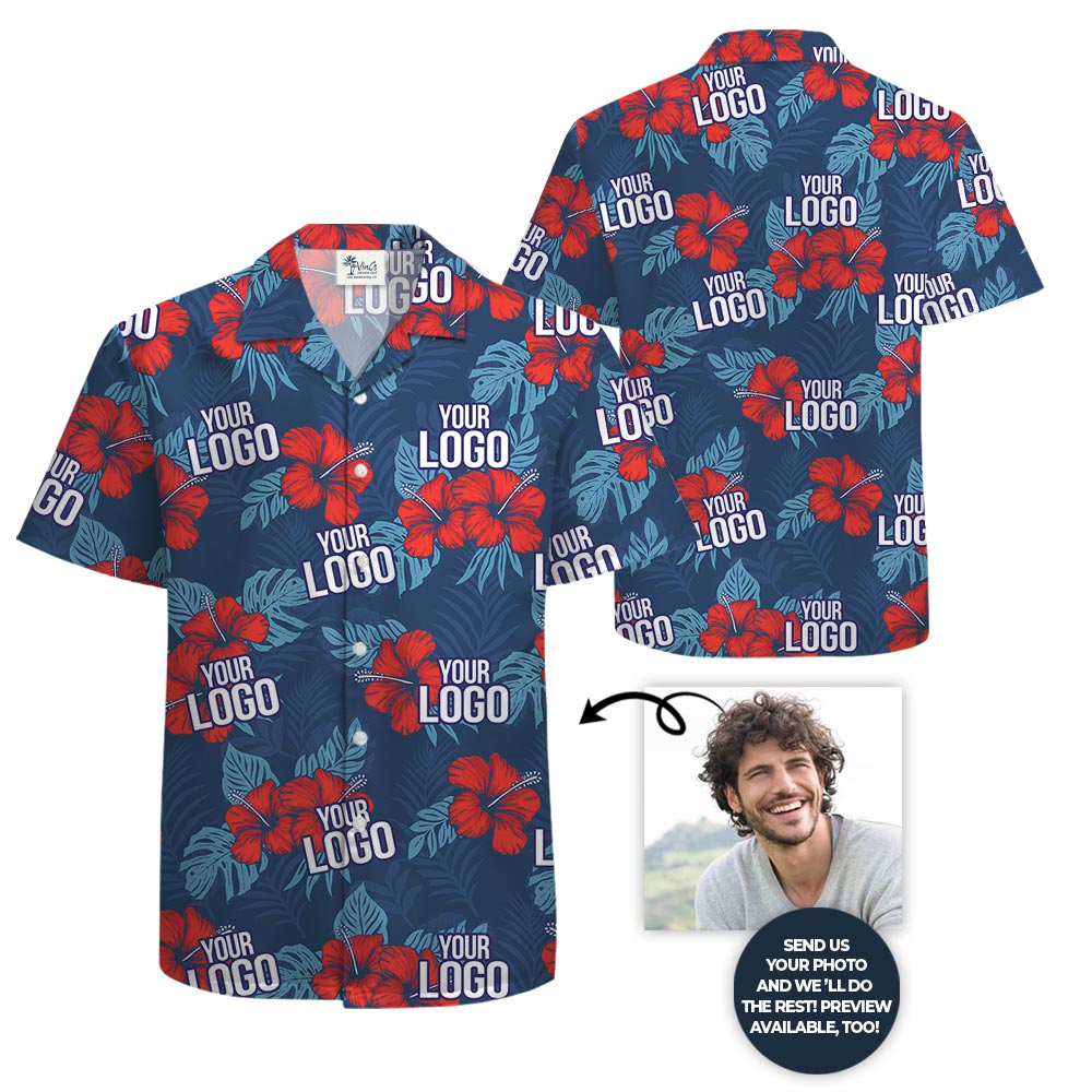 Custom Red Hibiscus Navy Hawaiian Shirt With Company Logo