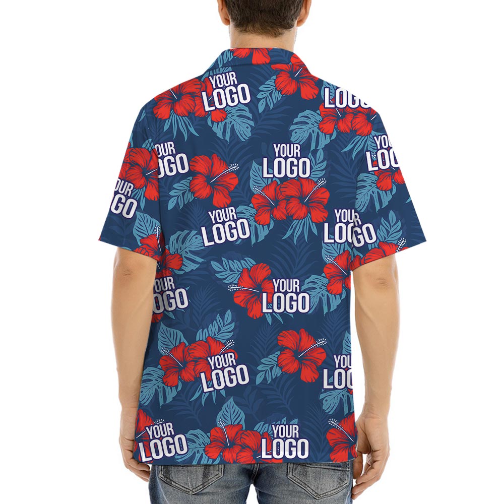 Custom Red Hibiscus Navy Hawaiian Shirt With Company Logo