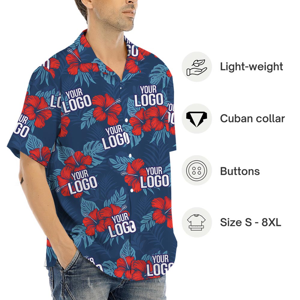 Custom Red Hibiscus Navy Hawaiian Shirt With Company Logo