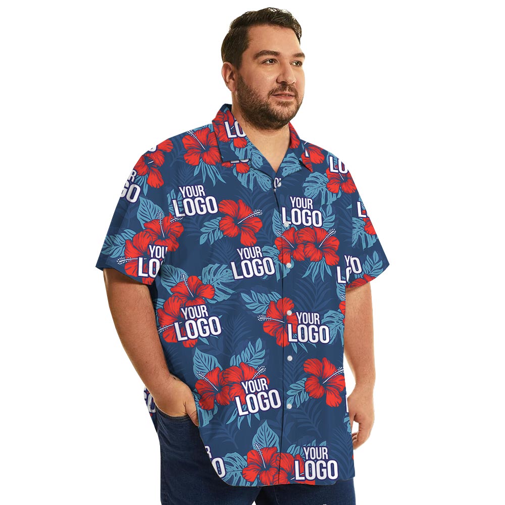 Custom Red Hibiscus Navy Hawaiian Shirt With Company Logo