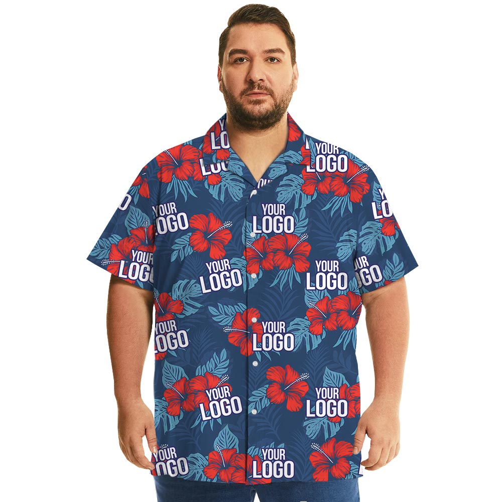 Custom Red Hibiscus Navy Hawaiian Shirt With Company Logo