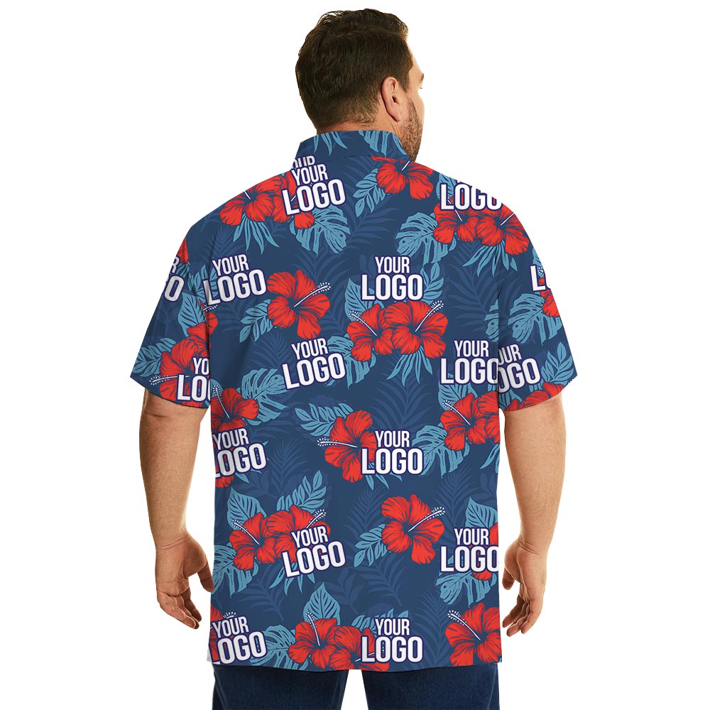 Custom Red Hibiscus Navy Hawaiian Shirt With Company Logo