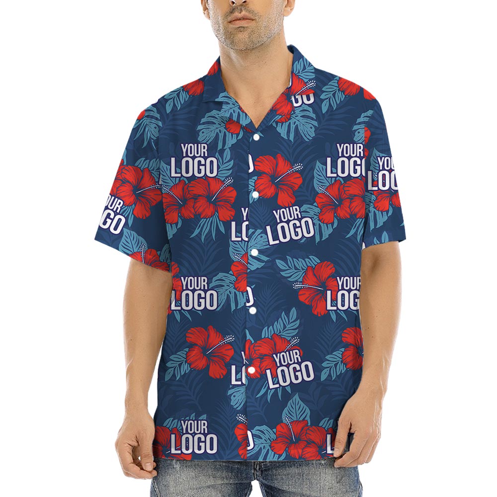 Custom Red Hibiscus Navy Hawaiian Shirt With Company Logo