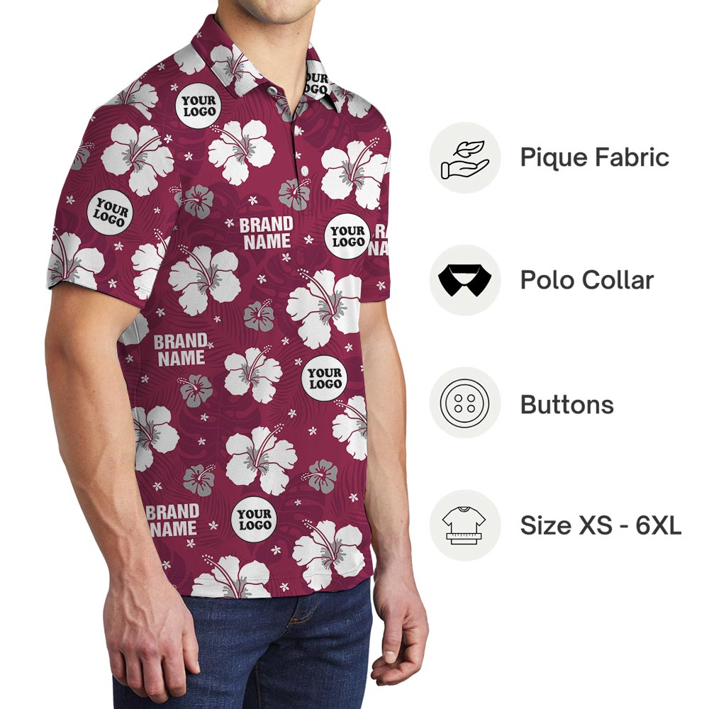 Pink Personalized Logo Hibiscus Hawaiian Polo Shirt