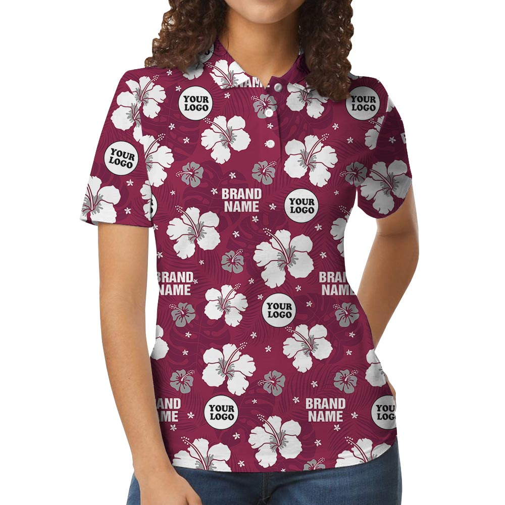 Pink Personalized Logo Hibiscus Hawaiian Polo Shirt