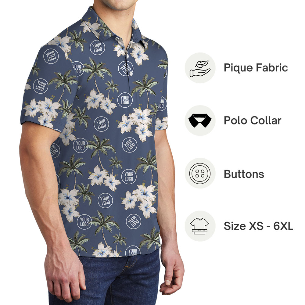 Custom Logo Or Face Polo Shirt With Palm Tree And Hibiscus