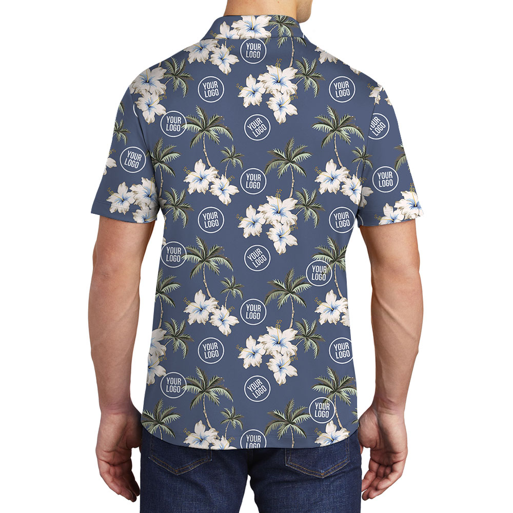 Custom Logo Or Face Polo Shirt With Palm Tree And Hibiscus