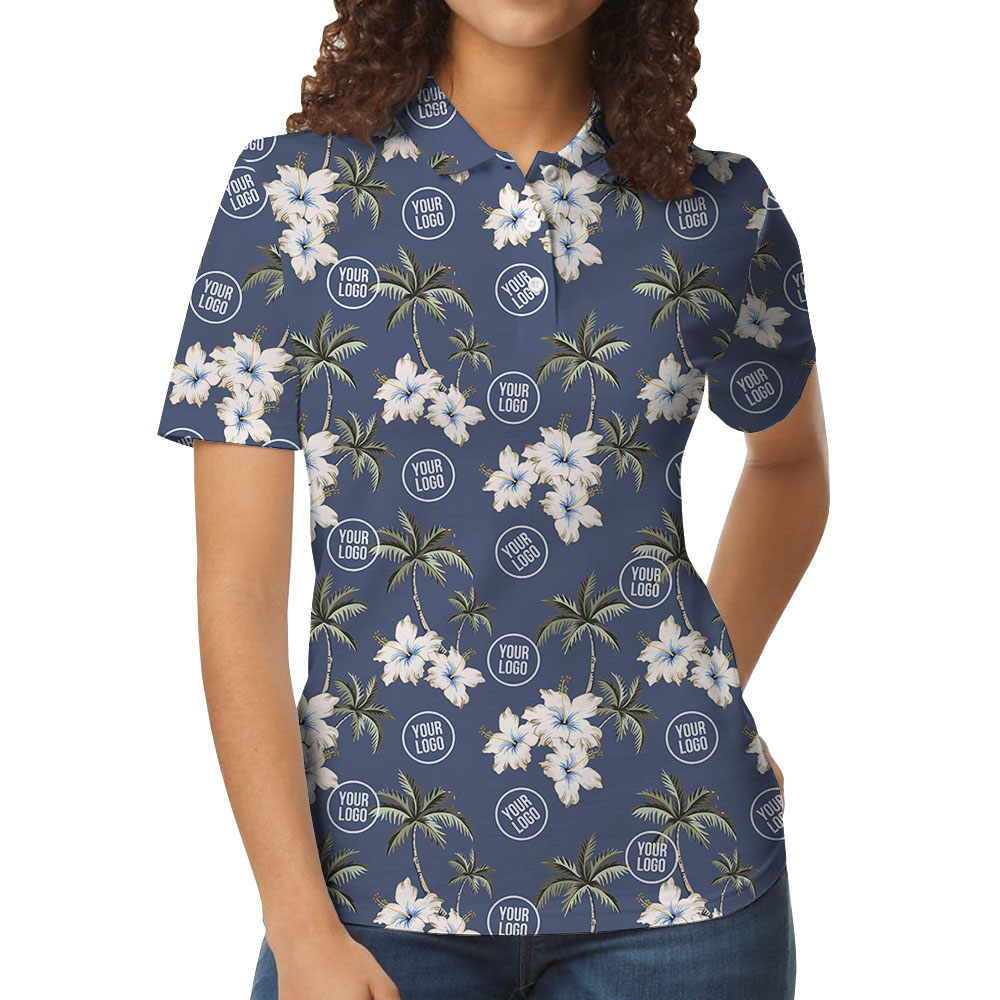 Custom Logo Or Face Polo Shirt With Palm Tree And Hibiscus