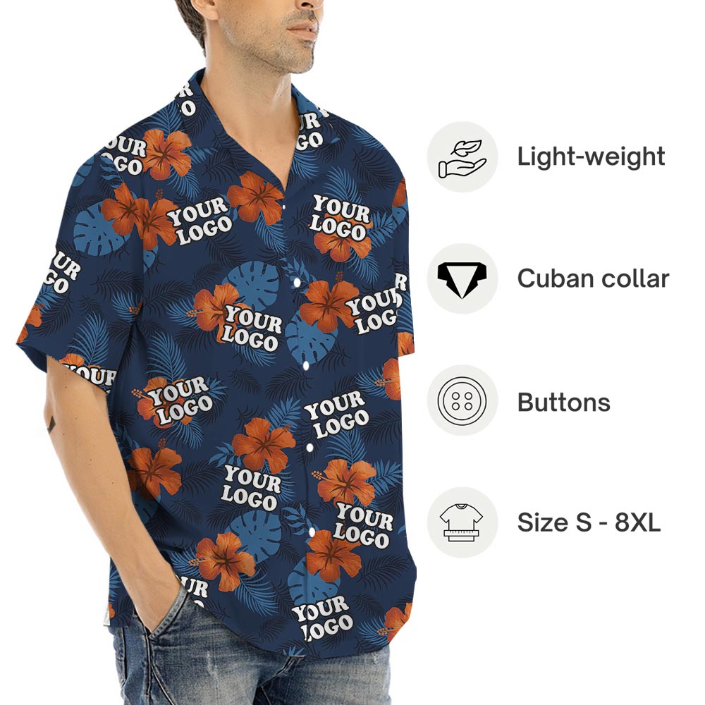 Navy Hibiscus Team Hawaiian Shirt With Logo Plus Size