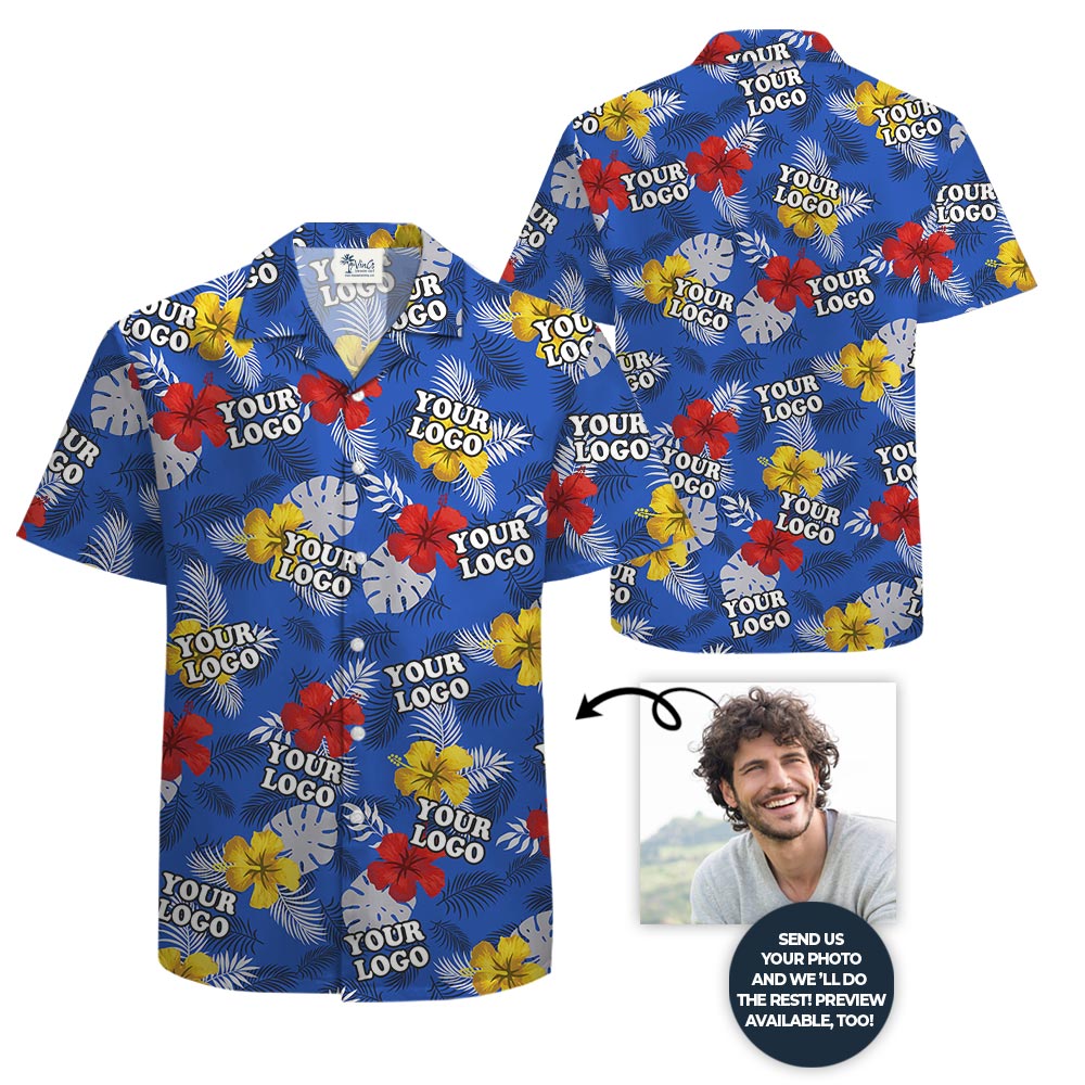 Custom Logo Blue Floral Hawaiian Shirt Big And Tall