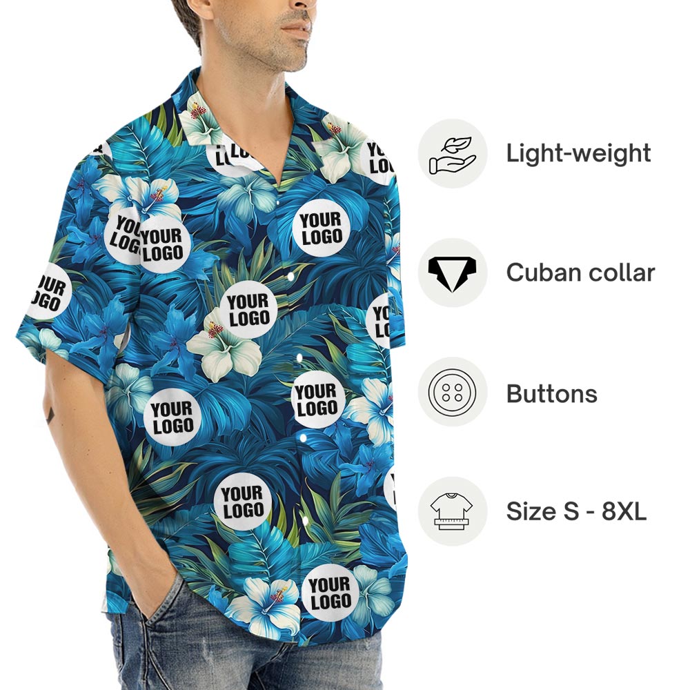 Custom Logo Hibiscus Blue Hawaiian Shirt Big And Tall