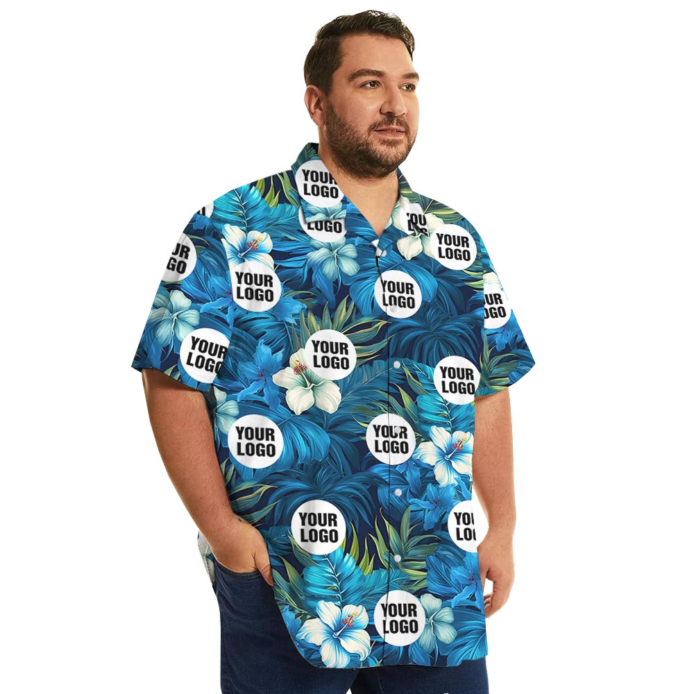 Custom Logo Hibiscus Blue Hawaiian Shirt Big And Tall