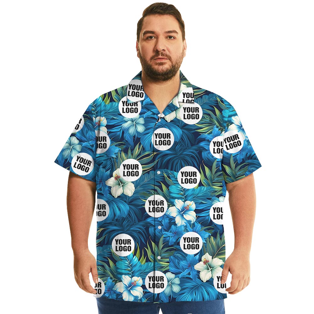 Custom Logo Hibiscus Blue Hawaiian Shirt Big And Tall