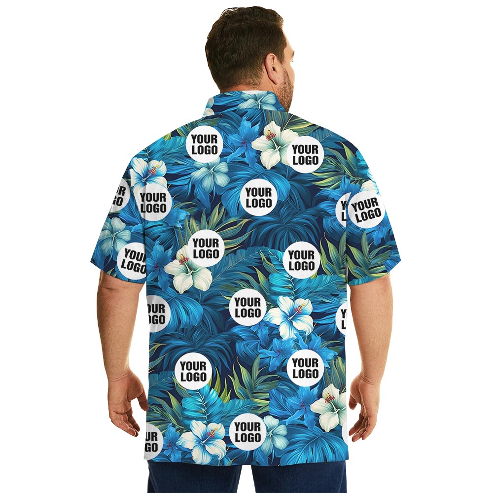 Custom Logo Hibiscus Blue Hawaiian Shirt Big And Tall