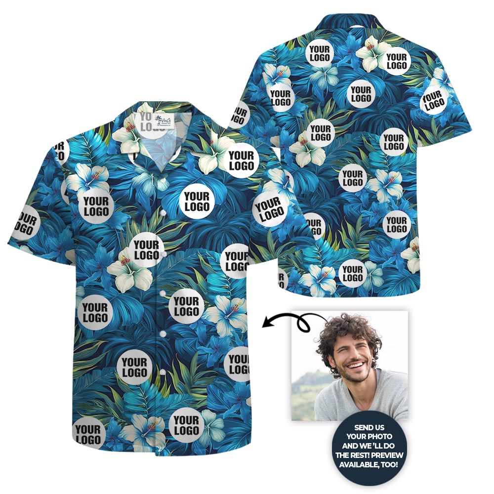 Custom Logo Hibiscus Blue Hawaiian Shirt Big And Tall