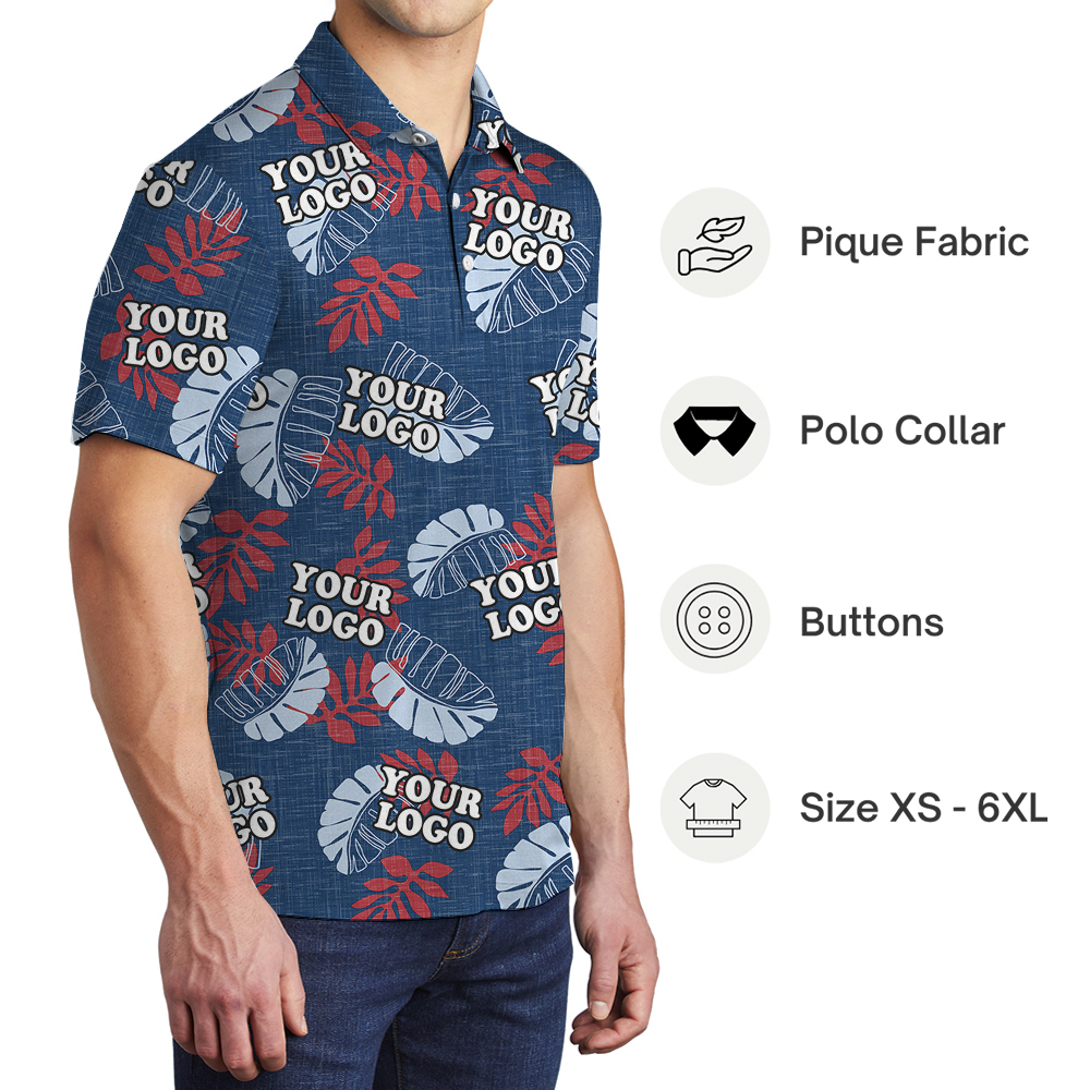 Custom Logo Navy Floral Hawaiian Polo Shirt