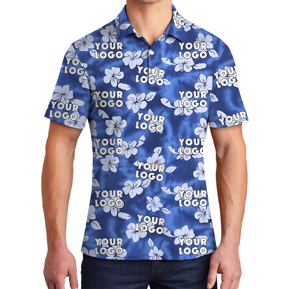 Hibiscus And Custom Logo Collared Polo Shirt Blue - variant image 1