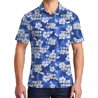 Hibiscus And Custom Logo Collared Polo Shirt Blue