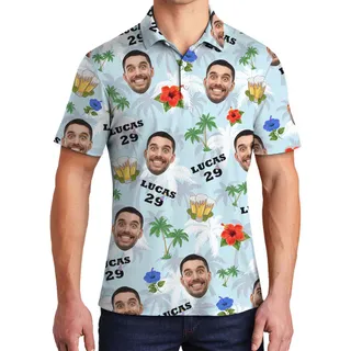 Happy Birthday Tropical Vibe Polo Shirt With Faces and Text