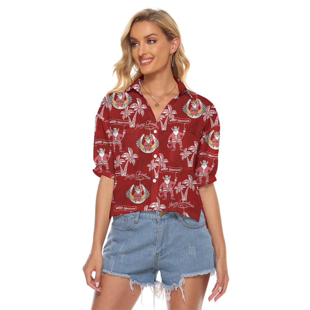 Funny Santa Cowboy Vintage Hawaiian Cropped Shirt - variant image 1