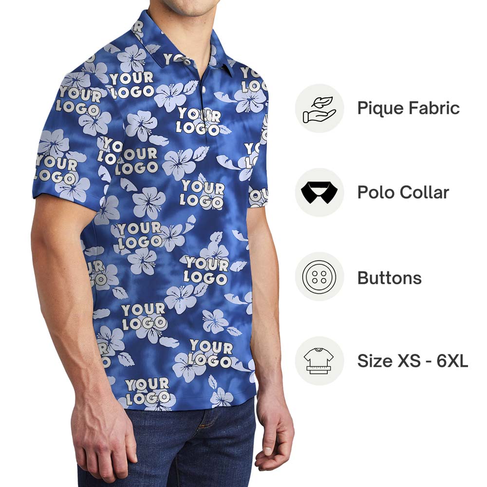 Hibiscus And Custom Logo Collared Polo Shirt Blue